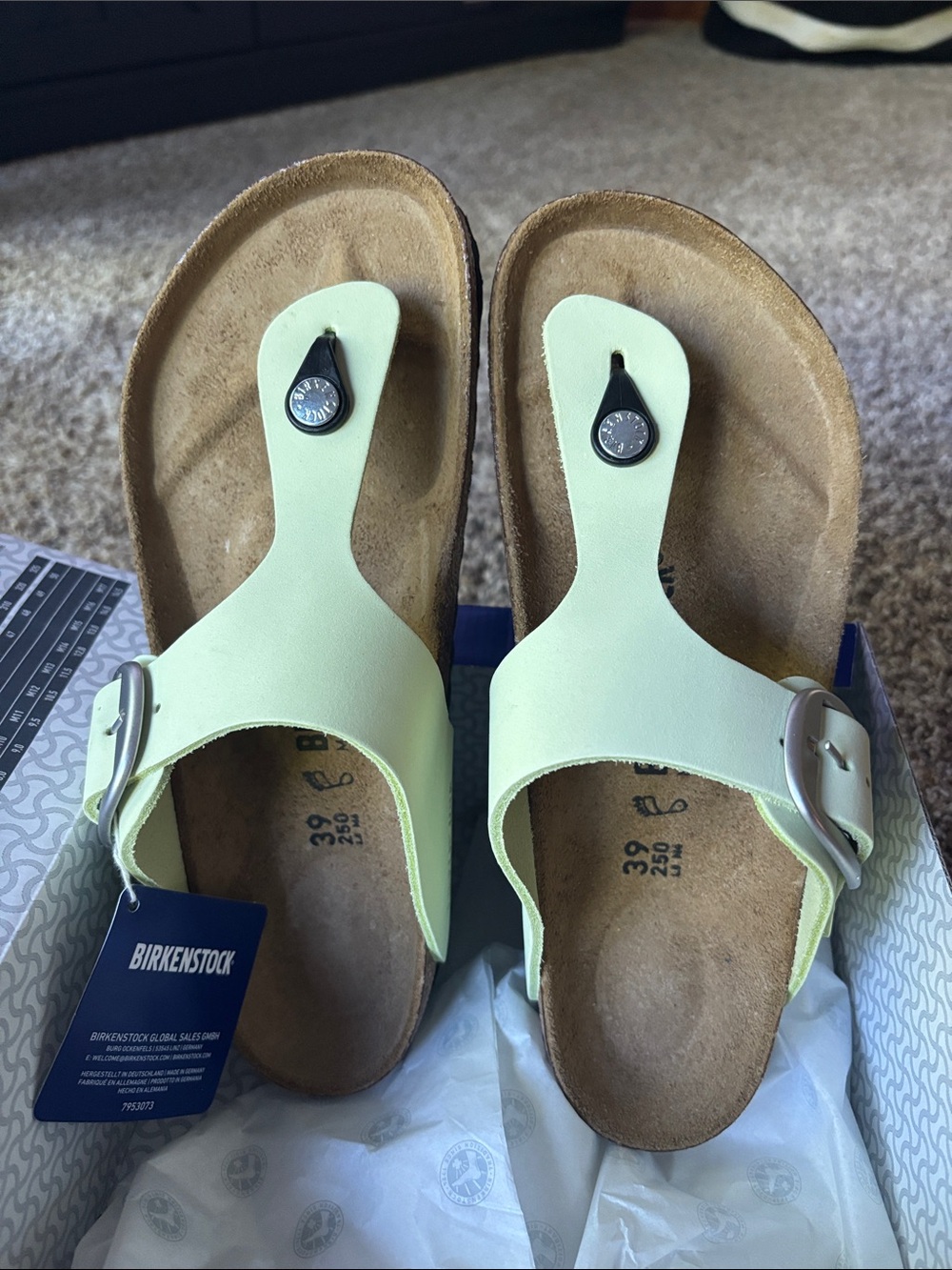 Birkenstock Gizeh Thong Sandal in Faded Lime with Silver Buckle. BRAND NEW